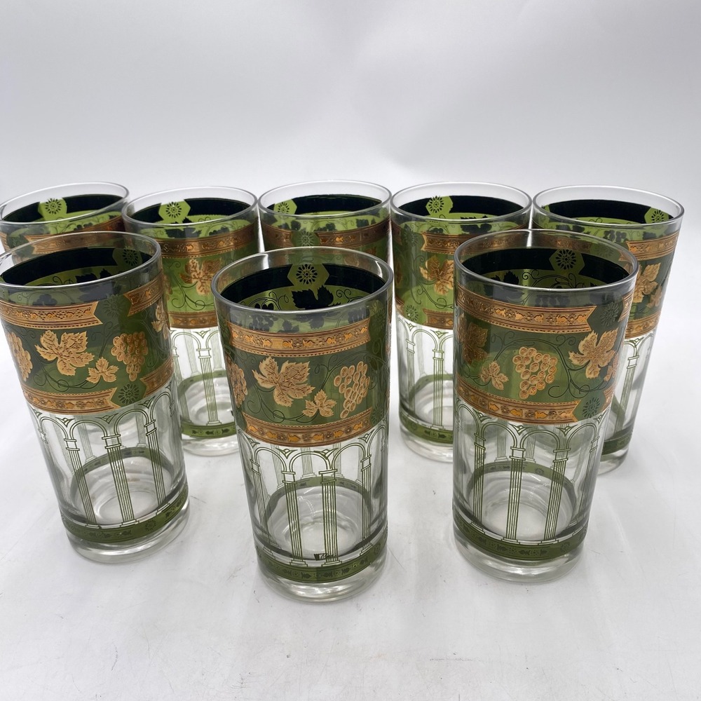 Cera Golden Grapes Vintage Highball Glasses Set 8 Green 22K Gold Mid Century MCM
